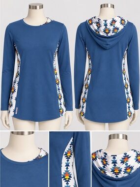 NWT SWOOP Alaska Hooded Tunic Small Blue Geometric Modal Long Sleeve Top